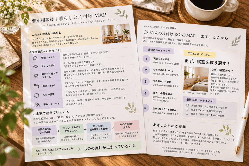 片付け無料個別相談後にお渡しする「暮らしと片付けMAP」のイメージ