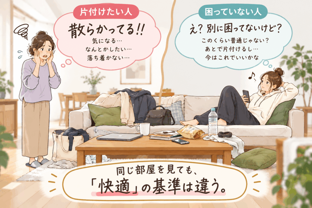 家族が片付けてくれないと悩む人と、散らかっていても困っていない人の快適の基準の違いを表した図解