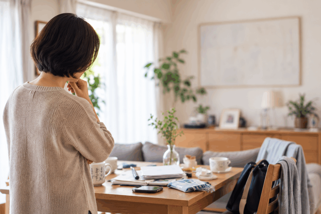 片付けをどこから始めたらいいかと考える50代女性と、散らかったダイニングテーブル