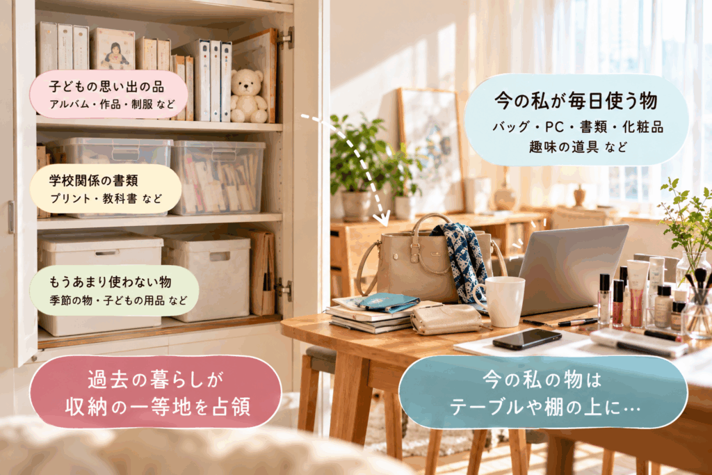 子どもの思い出の物が収納の一等地を占め、今使うバッグやパソコン、化粧品が外に出ている様子を表した図解